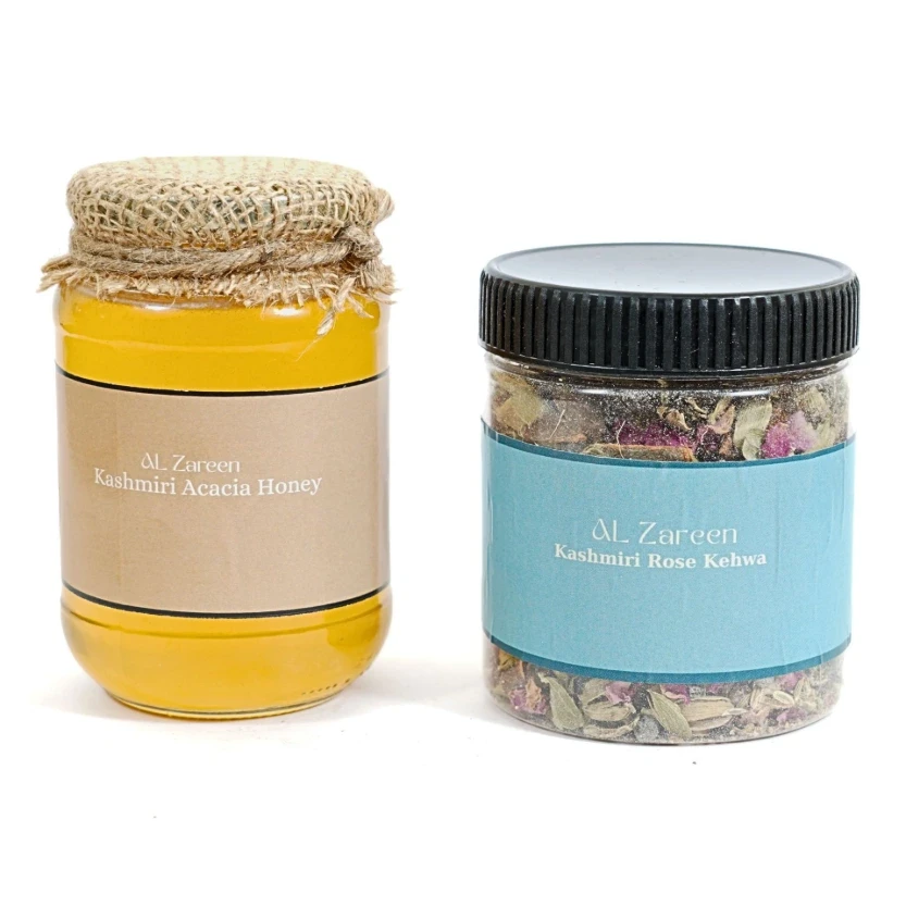 Al Zareen Premium Kashmiri Himalayan Combo – Acacia Honey & Rose Khewa,