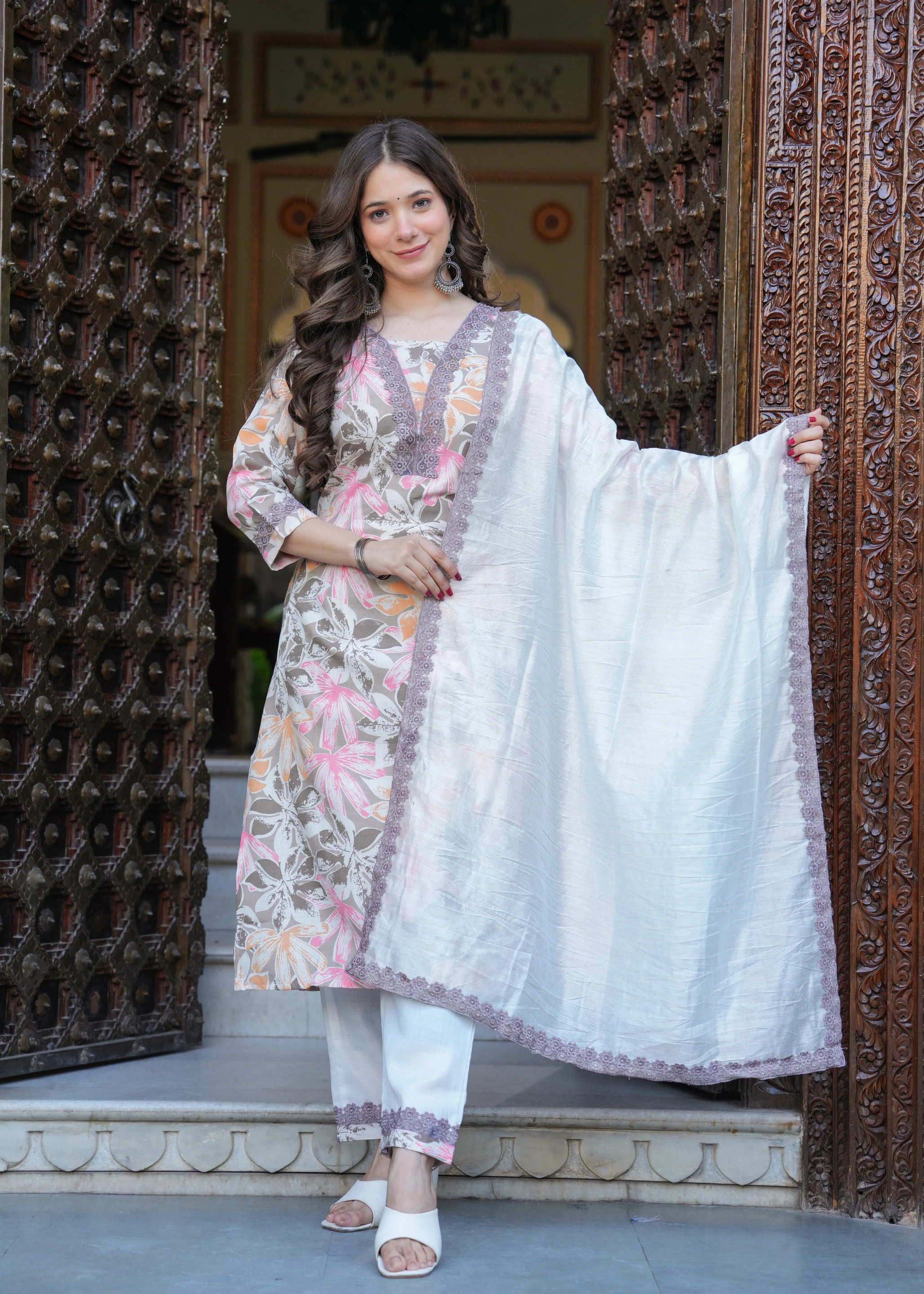 Hetvi Creation Women Cotton Blend Kurti Pant Dupatta Set
