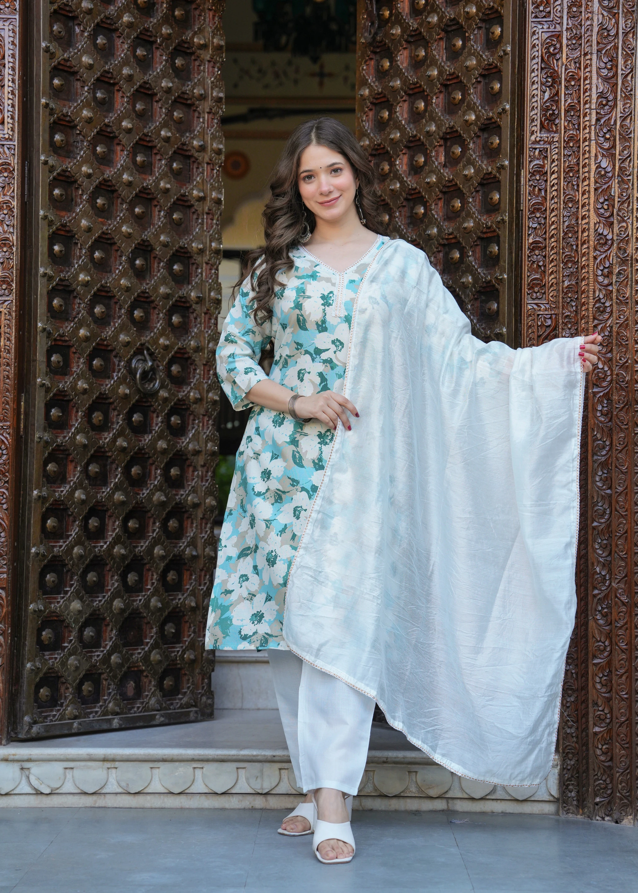 Hetvi Creation Women Cotton Blend Kurti Pant Dupatta Set