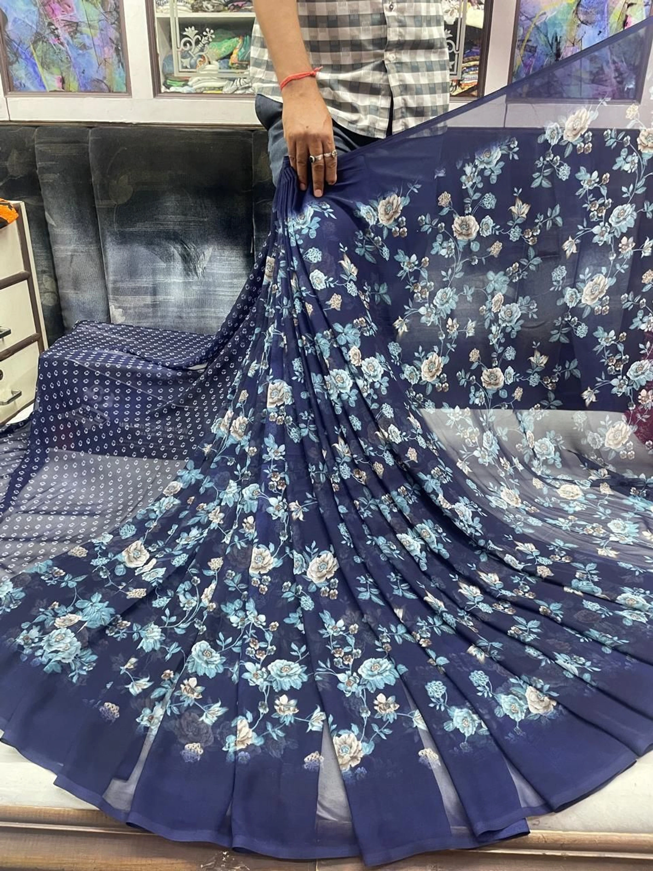 hetvi Printed Bollywood Georgette Saree (Dark Blue)