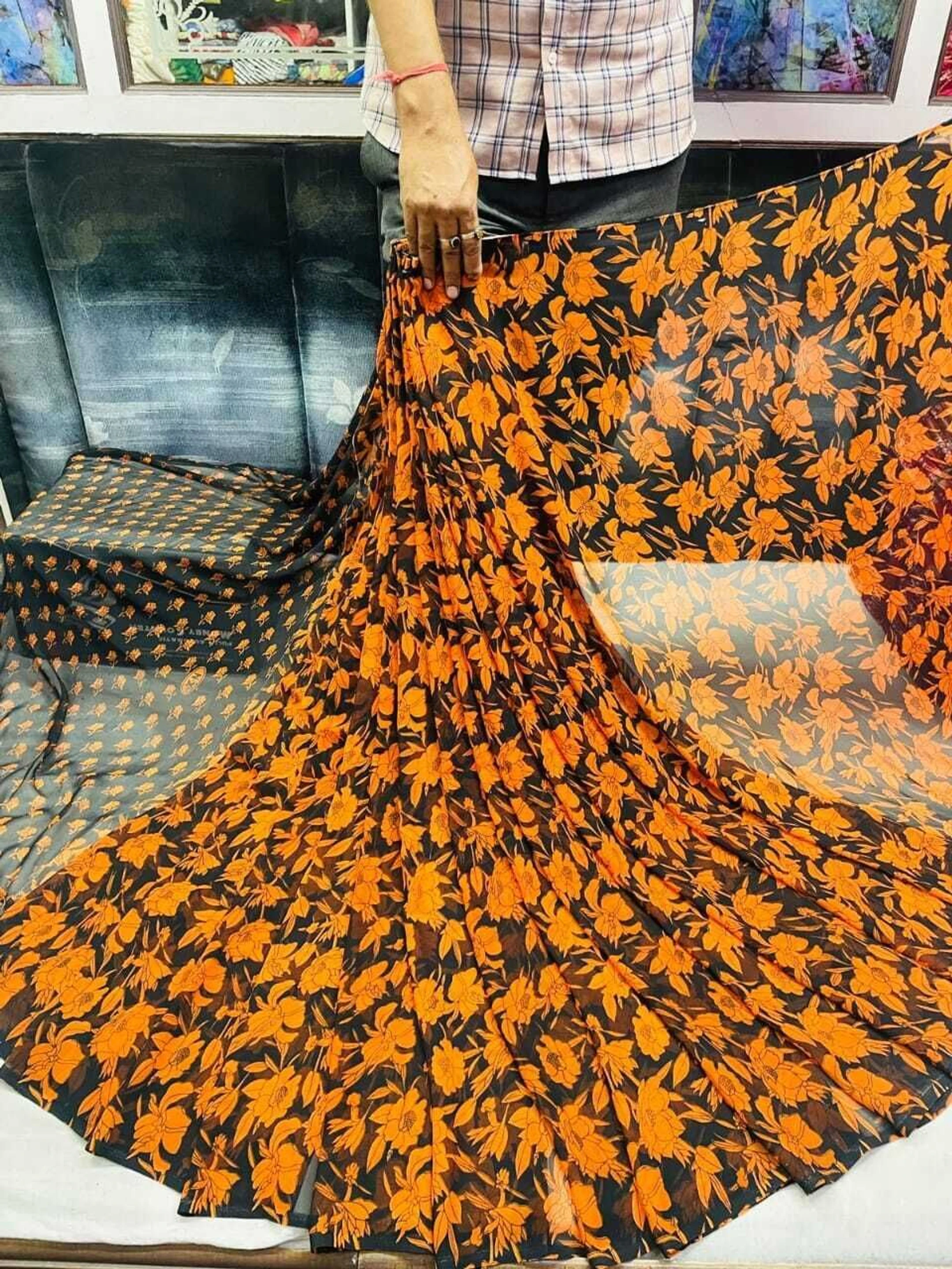 hetvi Printed Bollywood Georgette Saree (Orange)
