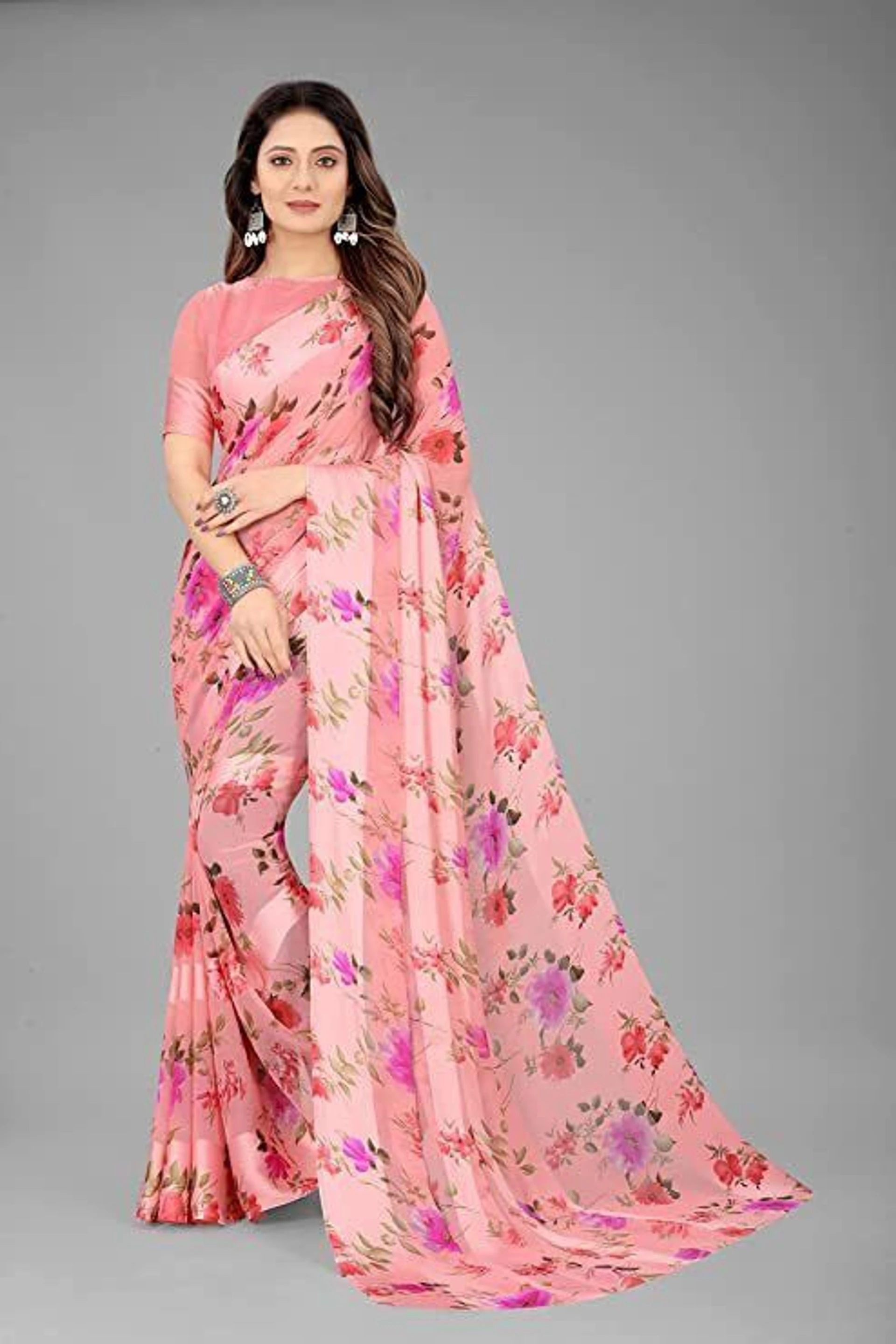 HETVI FASHIONS Floral Print Daily Wear Georgette Saree (Pink)