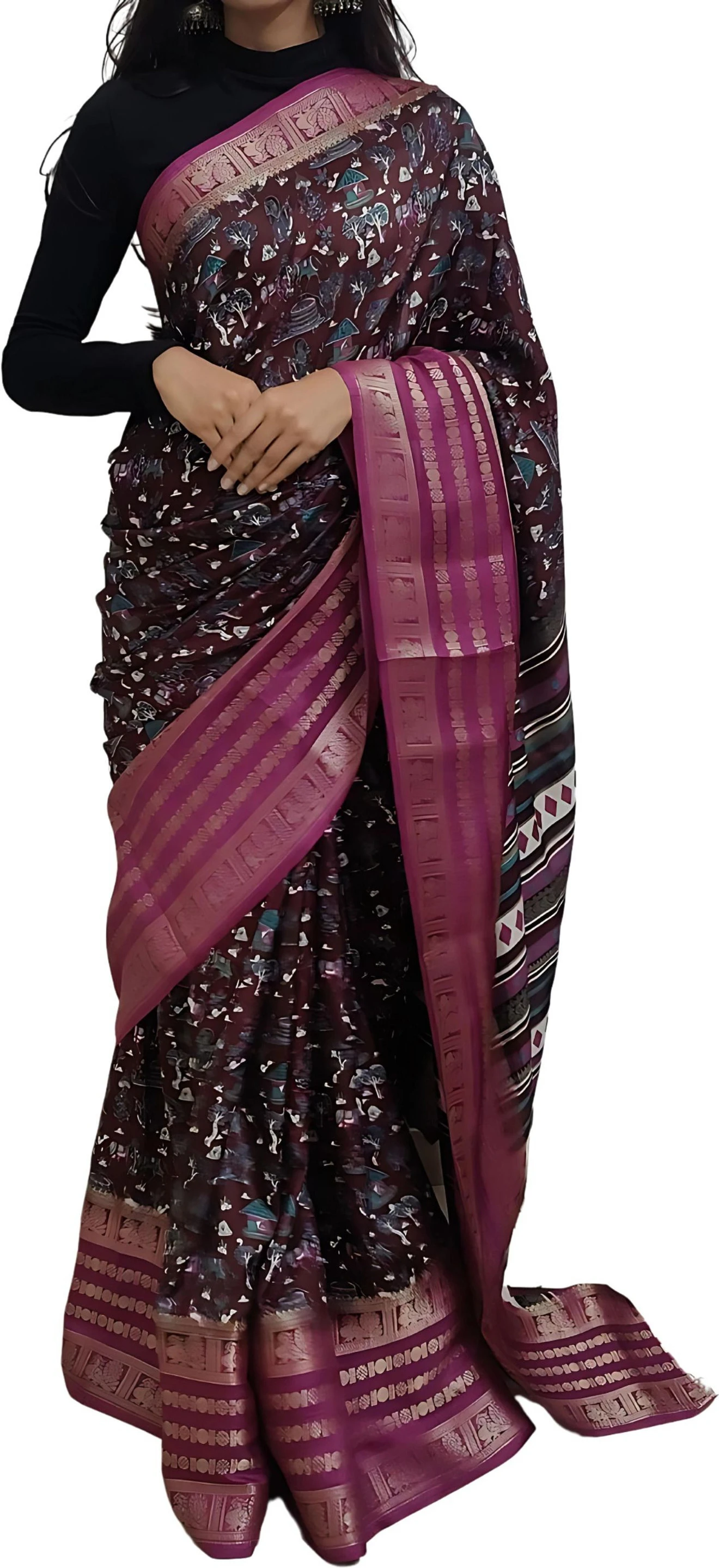 HETVI FASHIONS Floral Print Bollywood Cotton Blend, Art Silk Saree (Purple)