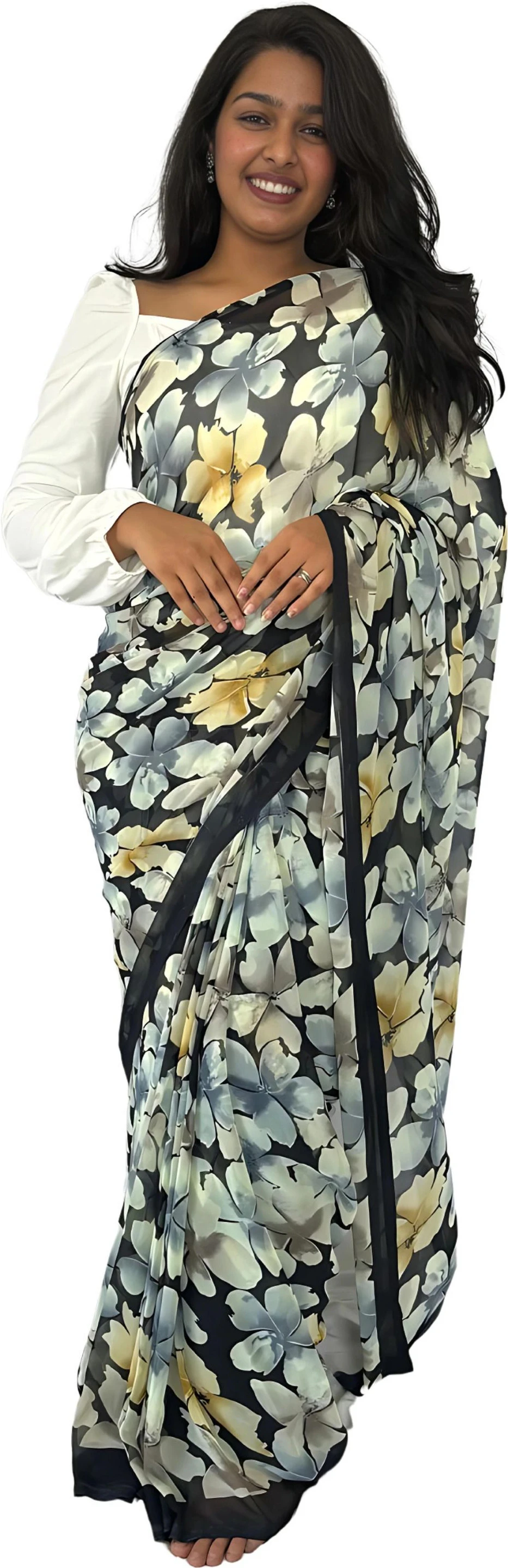 hetvi Printed Bollywood Georgette Saree (Black, White, Yellow)