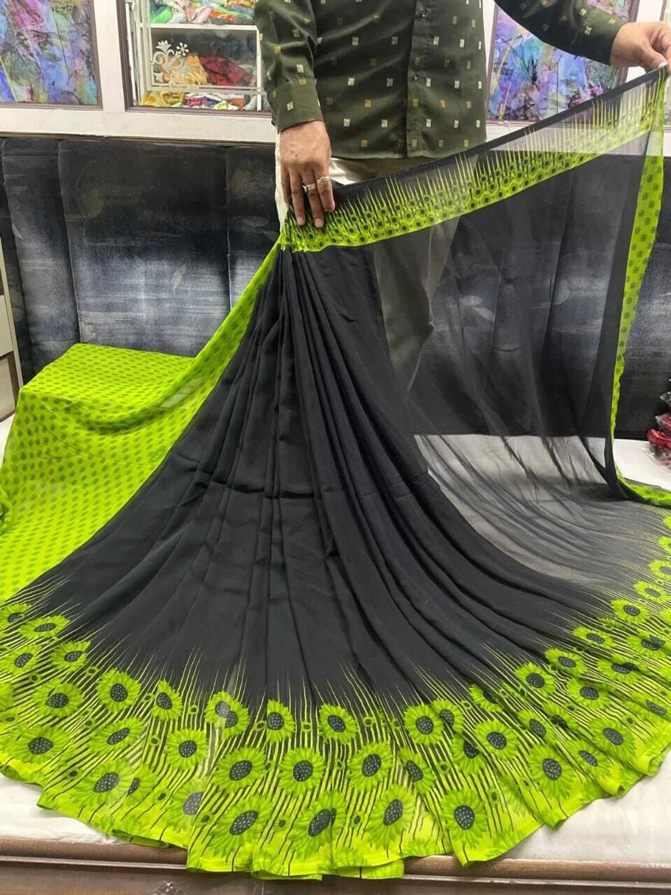 hetvi Printed Bollywood Georgette Saree (Light Green)