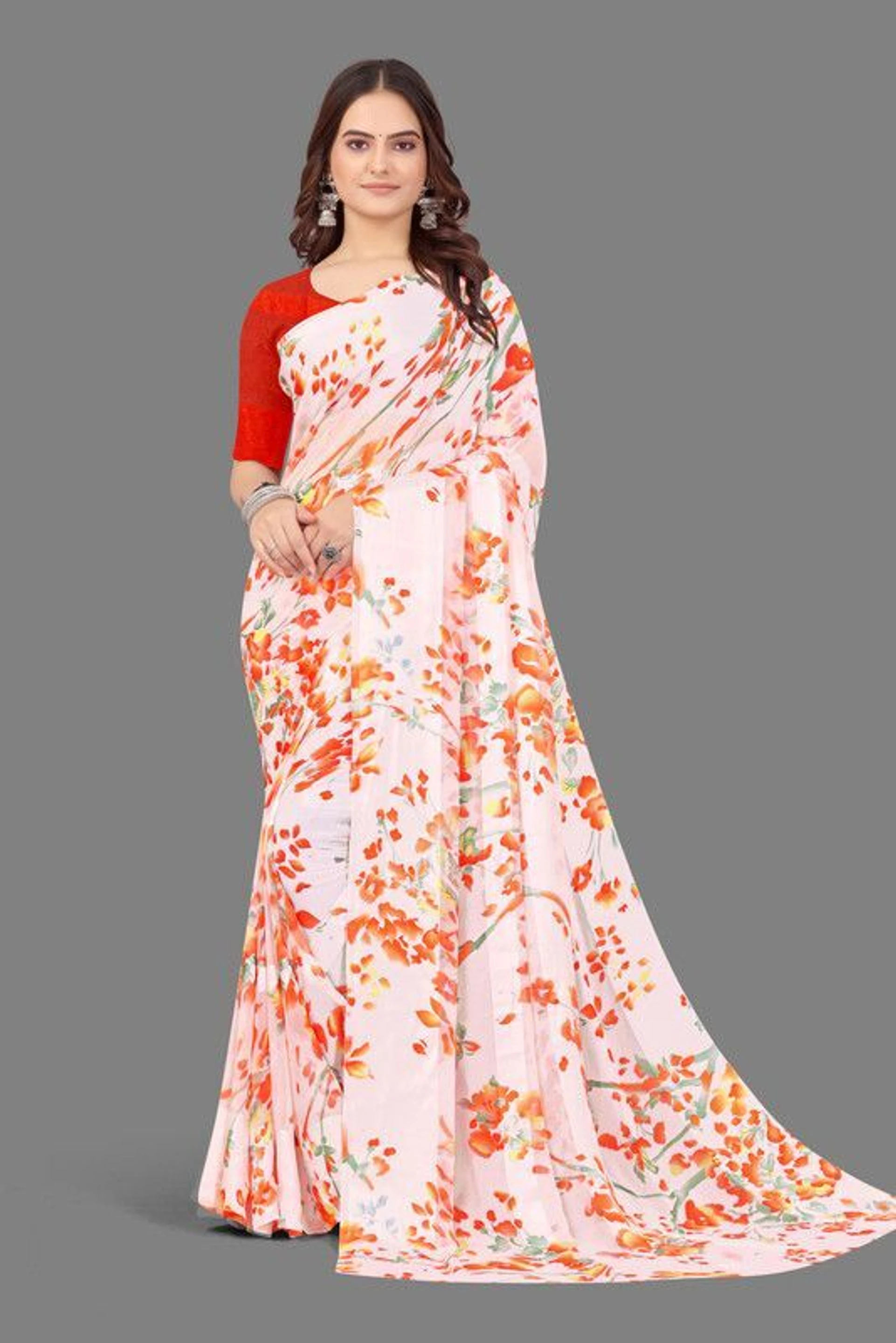 HETVI FASHIONS Floral Print Bollywood Georgette Saree (Orange)