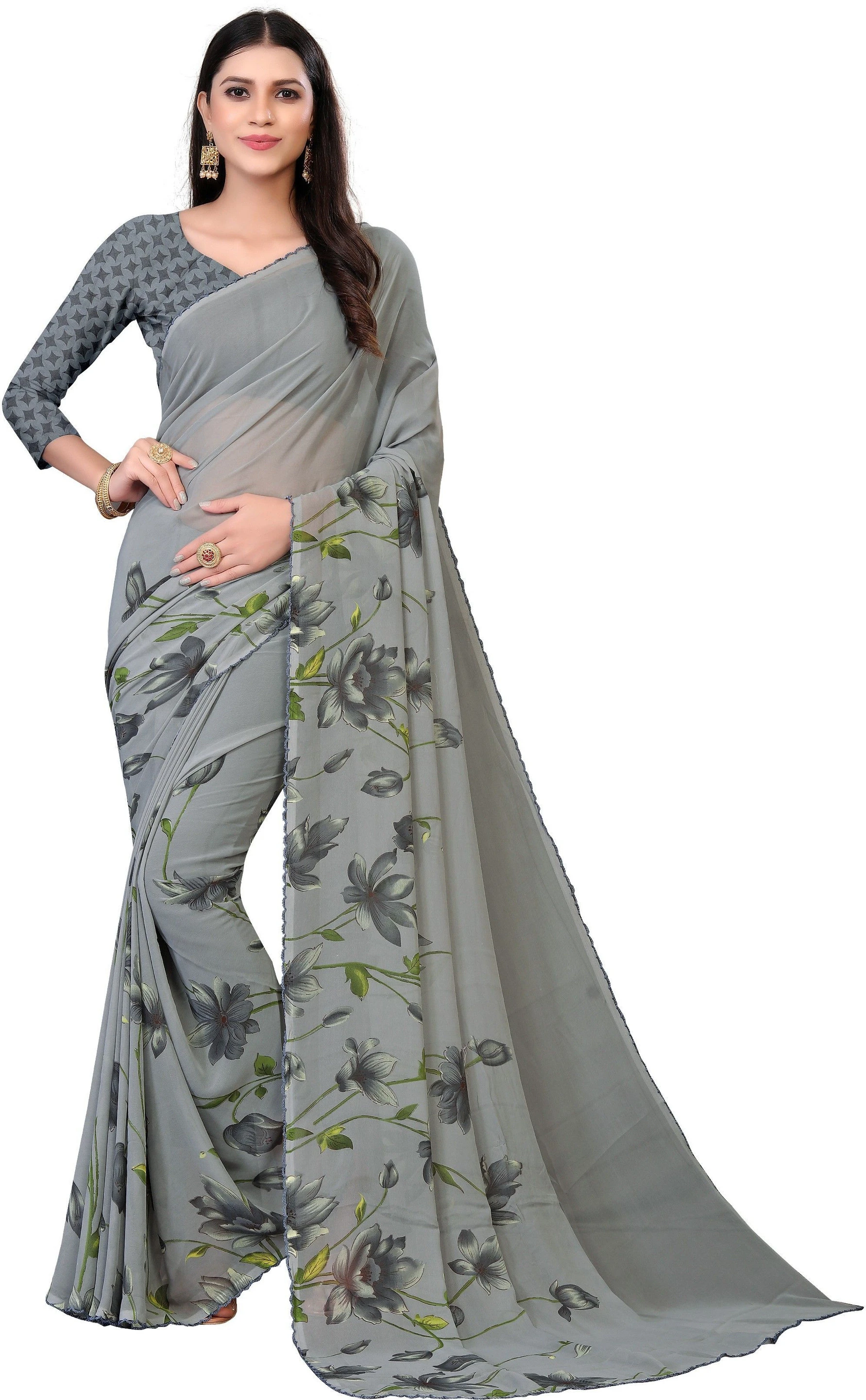 hetvi Printed Daily Wear Georgette, Cotton Blend Saree (Grey)