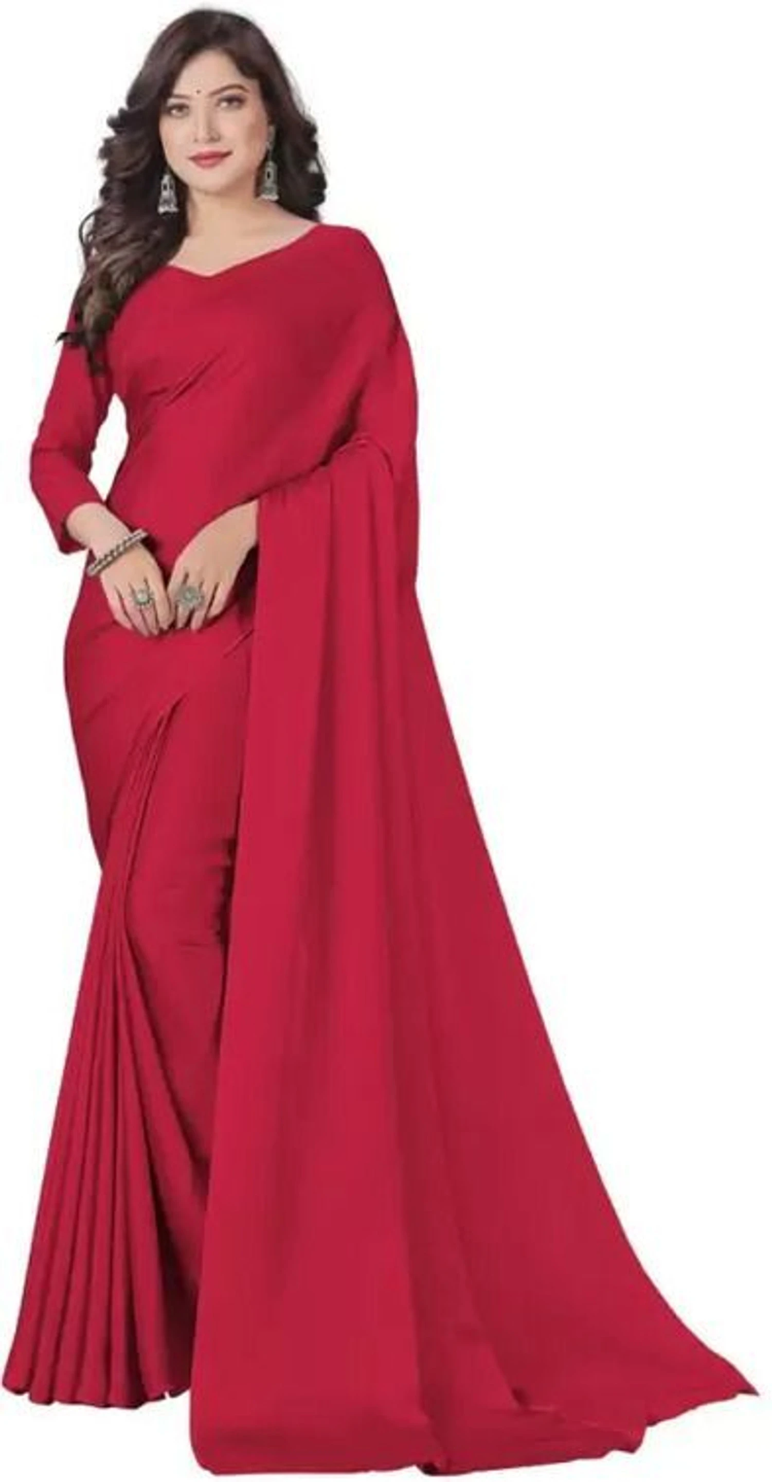 hetvi Solid/Plain Bollywood Georgette Saree (Red)