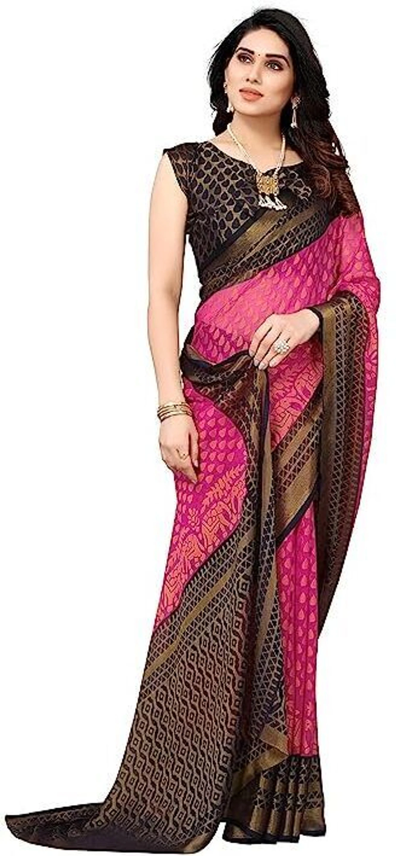 hetvi Self Design Mysore Brasso, Chiffon Saree (Pink)