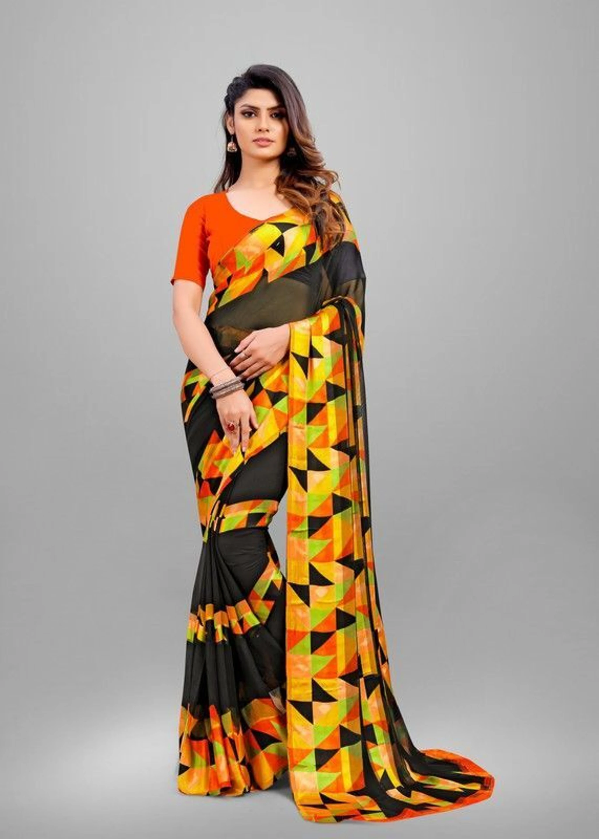 HETVI FASHIONS Floral Print Bollywood Georgette Saree (Yellow)