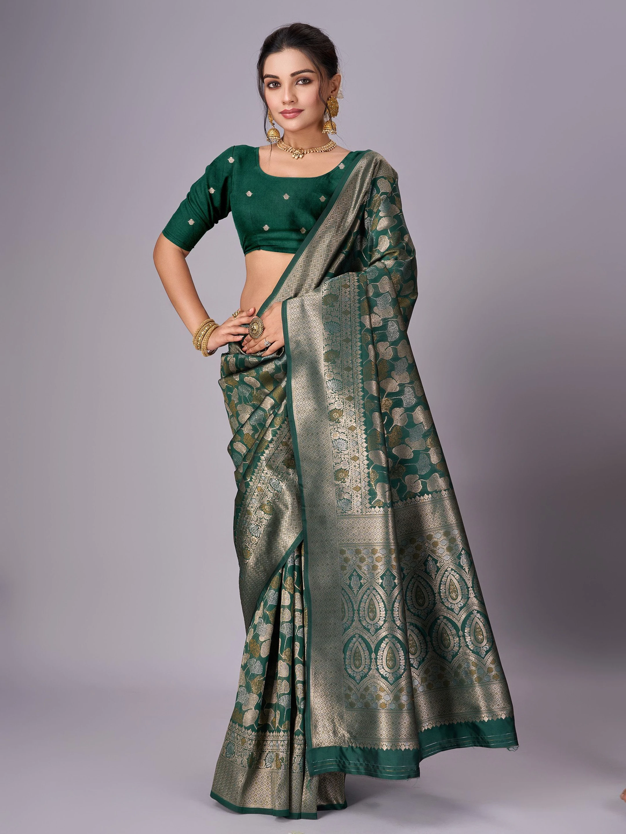 HETVI FASHIONS Printed Chanderi Jacquard Saree (Green)