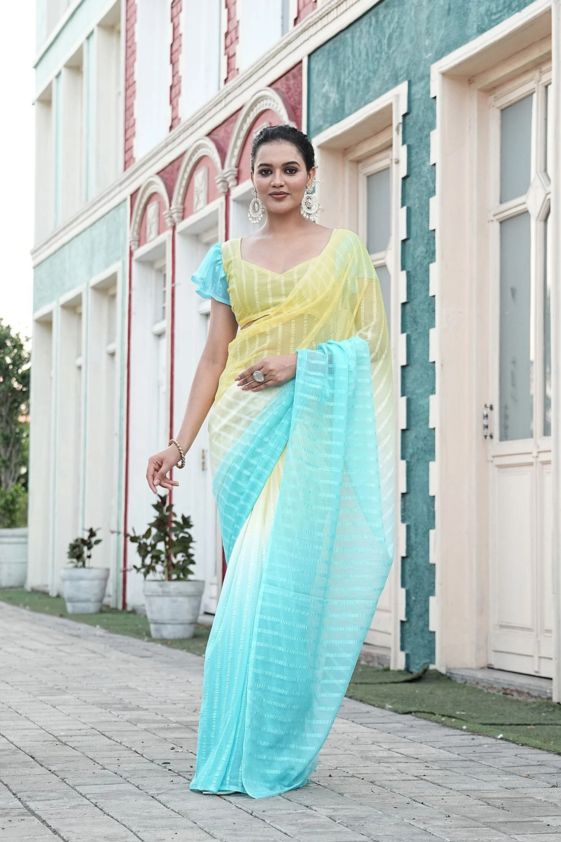 HETVI FASHIONS Striped Bollywood Silk Blend Saree (Yellow, Light Blue)