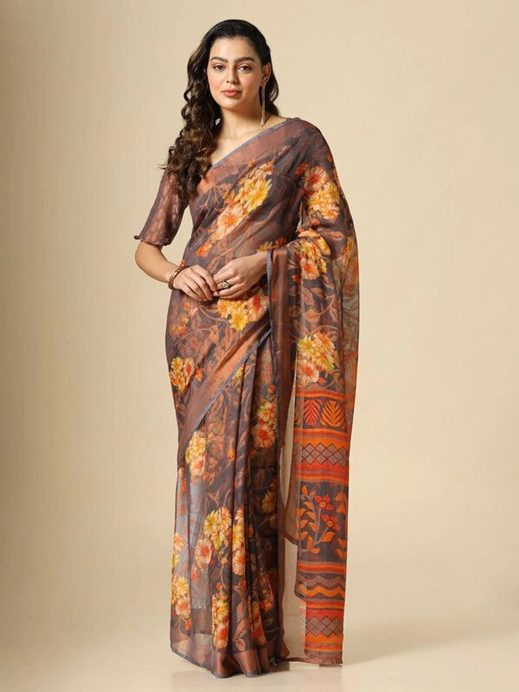 HETVI FASHIONS Printed Bollywood Brasso Saree (Grey)
