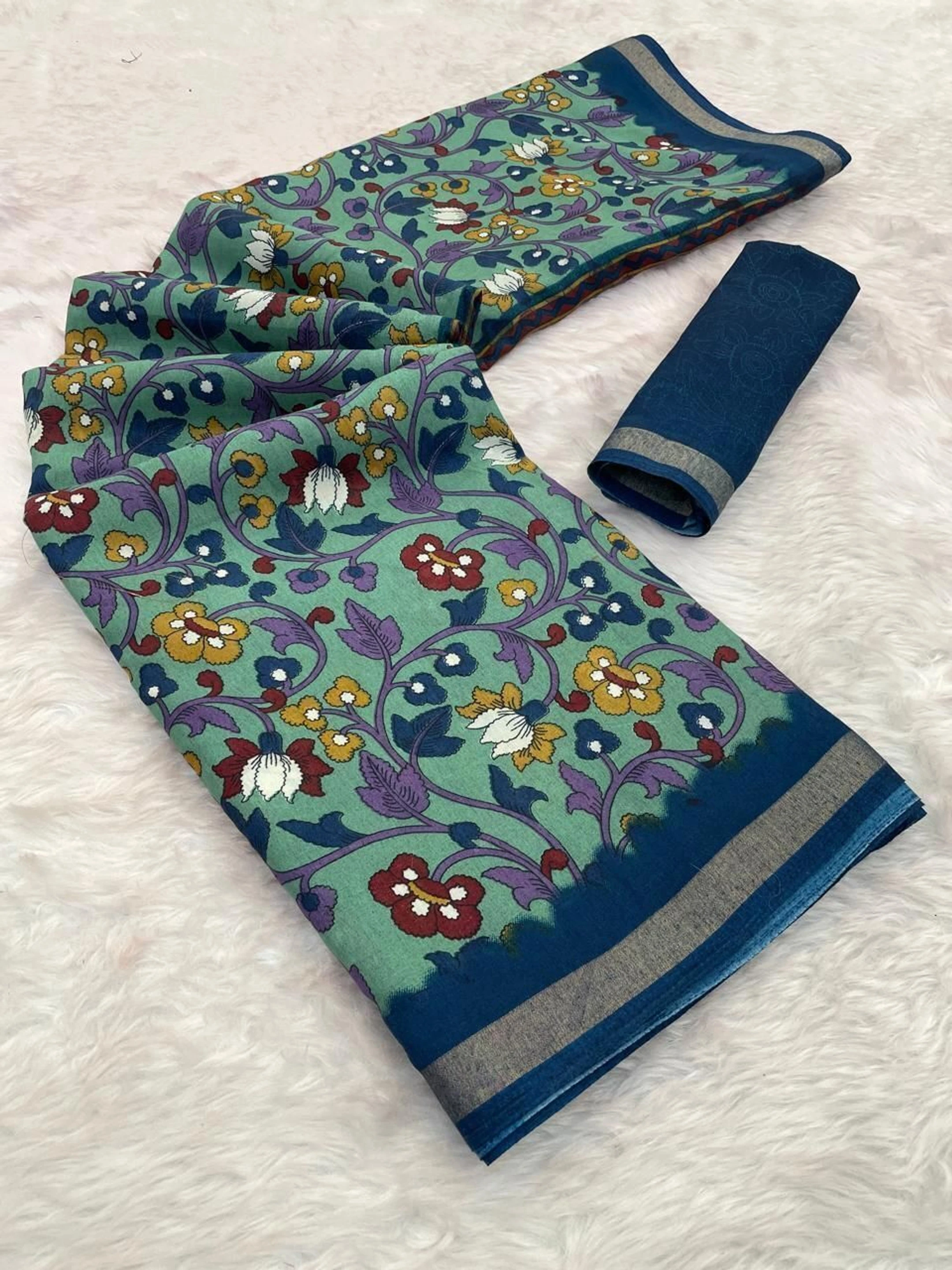 HETVI FASHIONS Printed, Self Design, Floral Print, Embellished, Woven Bollywood Mulmul, Cotton Blend Saree (Light Blue, White)
