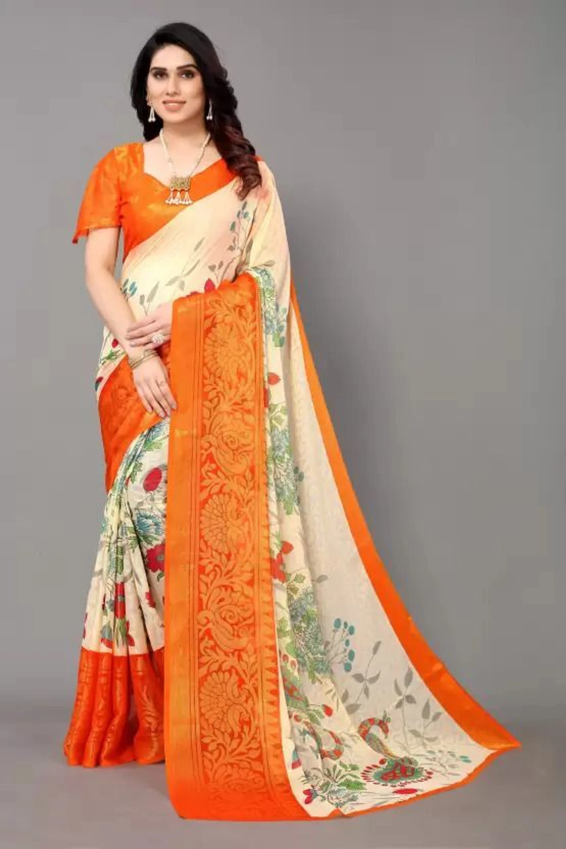 HETVI FASHIONS Floral Print, Geometric Print, Polka Print, Paisley, Self Design, Woven Mysore Brasso Saree (Orange)