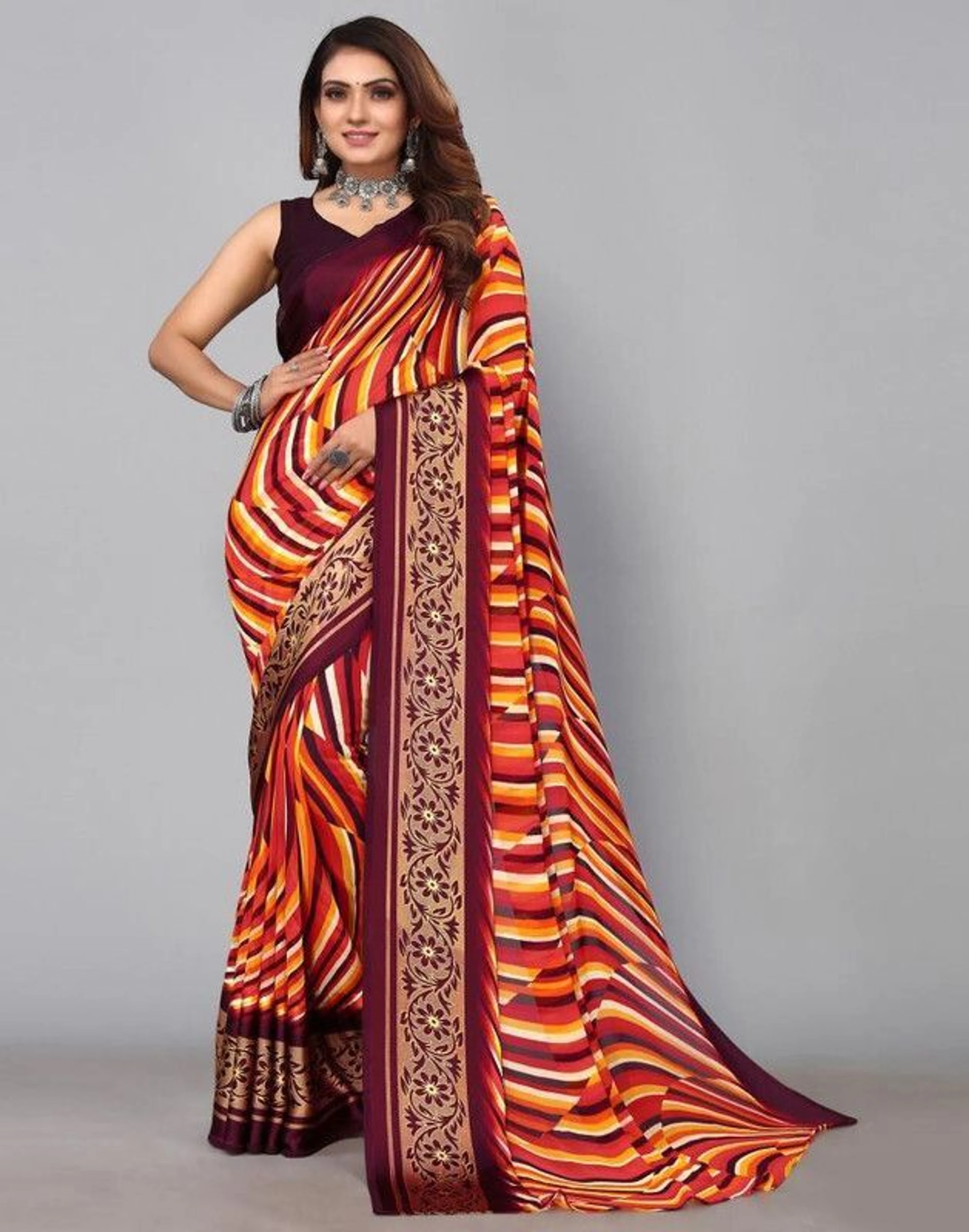 HETVI FASHIONS Striped Bollywood Georgette, Satin Saree (Maroon)