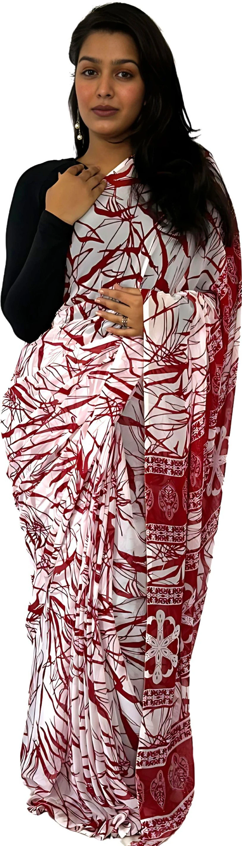 hetvi Printed Bollywood Georgette Saree (Red, White)