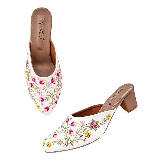 Women's Embroidered Mules Block Heels | Ethnic Slip-On Heeled Flats for Woman | Embellished Work