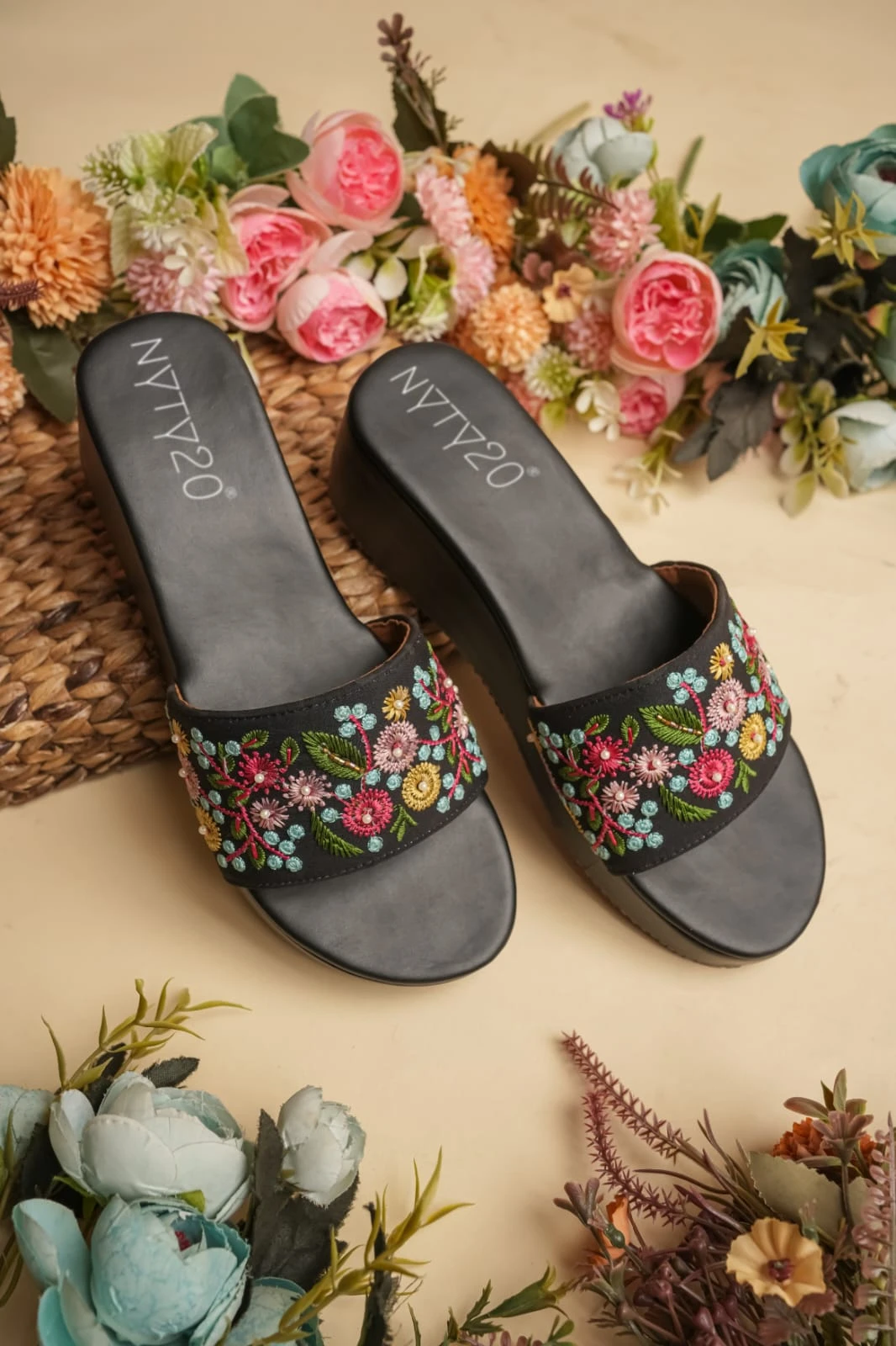 Women's Black Embroidered Sandals | Canvas Ethnic Platform Heels | Embellished Casual Wear