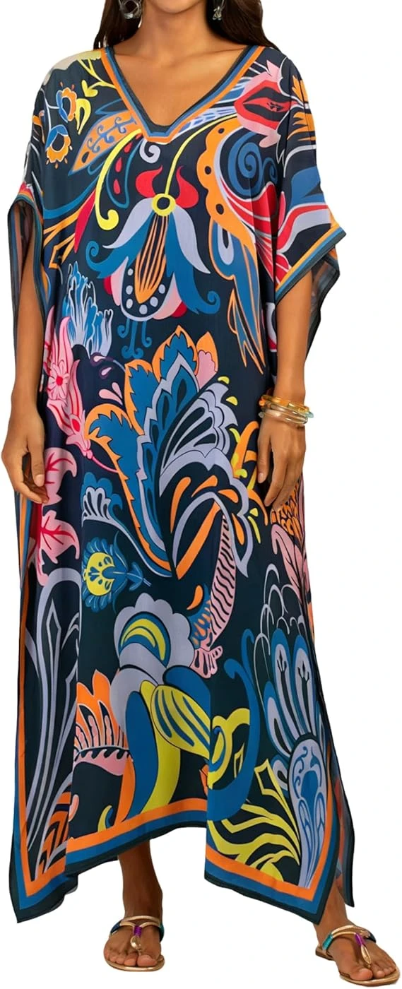 Bsubseach Women Kaftan Dresses Ethnic Print V-Neck Beach Cover Up Plus Size Caftan Loungewear Summer Swimsuit Coverup