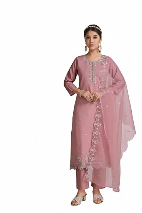Pick Cell Women’s Cotton Embroidery Long Anarkali Kurti Set with Pants and Dupatta | Elegant Designer Ethnic Wear for Office, Festive and Casual Outings | Comfortable Straight-Fit Kurta Set