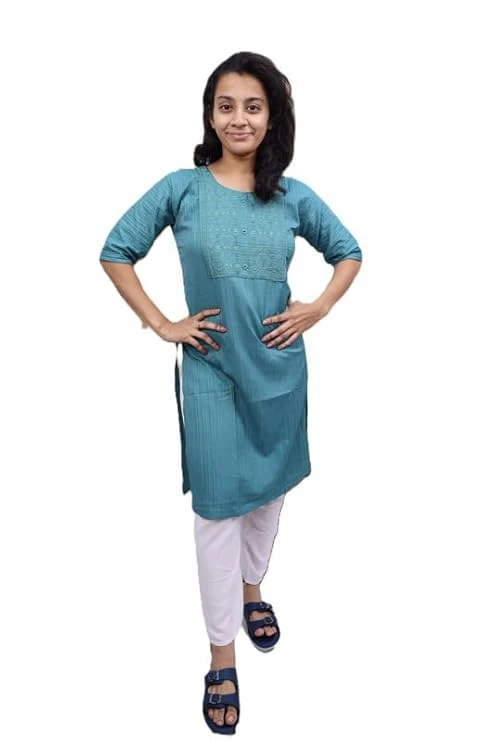 Pick Cell Women’s Soft Cotton Blend Embroidered Kurti | Lightweight and Breathable Comfortable Regular Fit for Office, Travel and Festive Use
