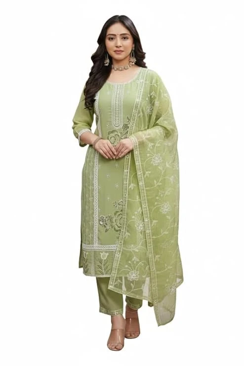 Pick Cell Women’s Embroidered Kurti Set | Green 3-Piece Designer Suit with Kurti, Bottom and Dupatta | Elegant Ethnic Wear for Office, Festive and Party Occasions
