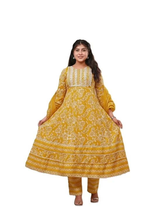 Pick Cell Women’s Embroidery Work Cotton Anarkali/Frock-Style Kurti with Pant & Dupatta | Casual, Office & Festival Wear Set