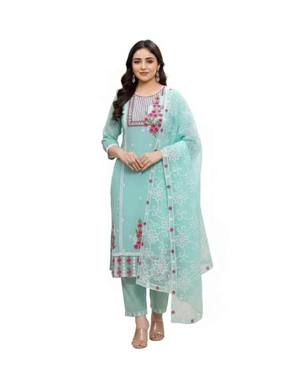 Pick Cell Embroidery Work Kurti Set for Women | Cyan Pakistani Organza 3 Piece Suit with Kurti, Bottom and Embroidered Dupatta | Designer Ethnic for Office, Parties