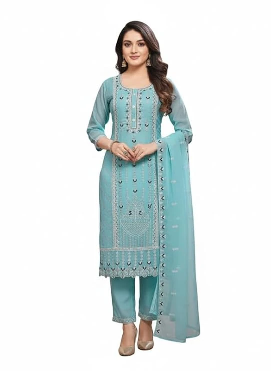 Pick Cell Women’s Embroidery Work Kurti Set | Sky Blue Cropped Kurta with Straight-Fit Pants and Organza Dupatta | Elegant Designer Ethnic Wear for Office, Festive and Casual Outings