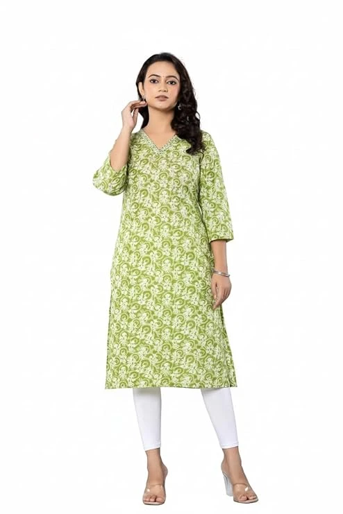 Pick Cell Women’s Green Printed Long Kurti | Poly Cotton Fabric | Elegant Ethnic Wear for Office, Daily and Festive Outfits | Comfortable Regular Fit Kurta