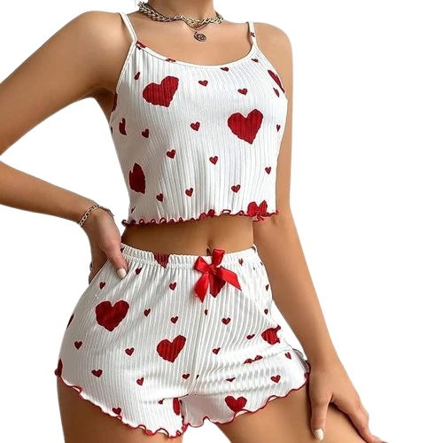 VIRALX10 Women's Heart Print Pajama Set, White with Red Hearts, Cami Top and Shorts, Ribbed Texture, Ruffled | Hem