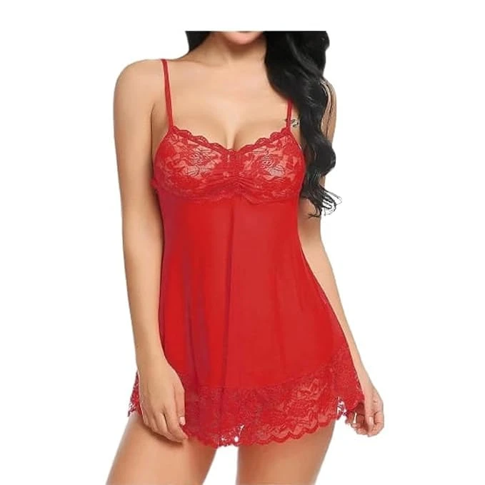 Women's Lace Babydoll Lingerie, Sheer Mesh with Halter Neck, Satin Bow Detail Size Small Color Red