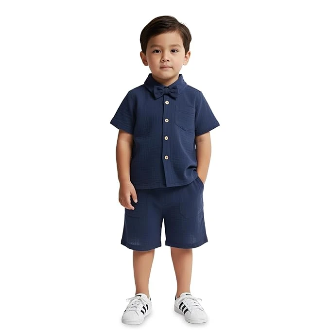 100% Linen Shirt & Pant Co-ord Set for Kids | Elegant & Comfortable Summer Wear | Stylish Short-Sleeve Shirt with Bow & Comfy Shorts