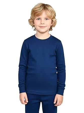 Wool Boys Full Sleeves Round Neck Thermal Top | Thermal High Neck Top for Kids | Boys' Plain Cotton Thermal Top | Pack of 1 | Color Blue