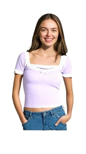 Talitha Fashion Half Sleeves Solid Designer Lace Lycra Top for Women's, Casual Fit Elegant Summer Blouse Top for Girls Regular Slevees | Breathable Fabric Color Light Purple