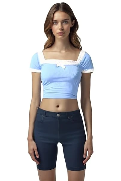 Talitha Fashion Half Sleeves Solid Designer Lace Lycra Top for Women's, Casual Fit Elegant Summer Blouse Top for Girls Regular Slevees | Breathable Fabric Color Sky Blue