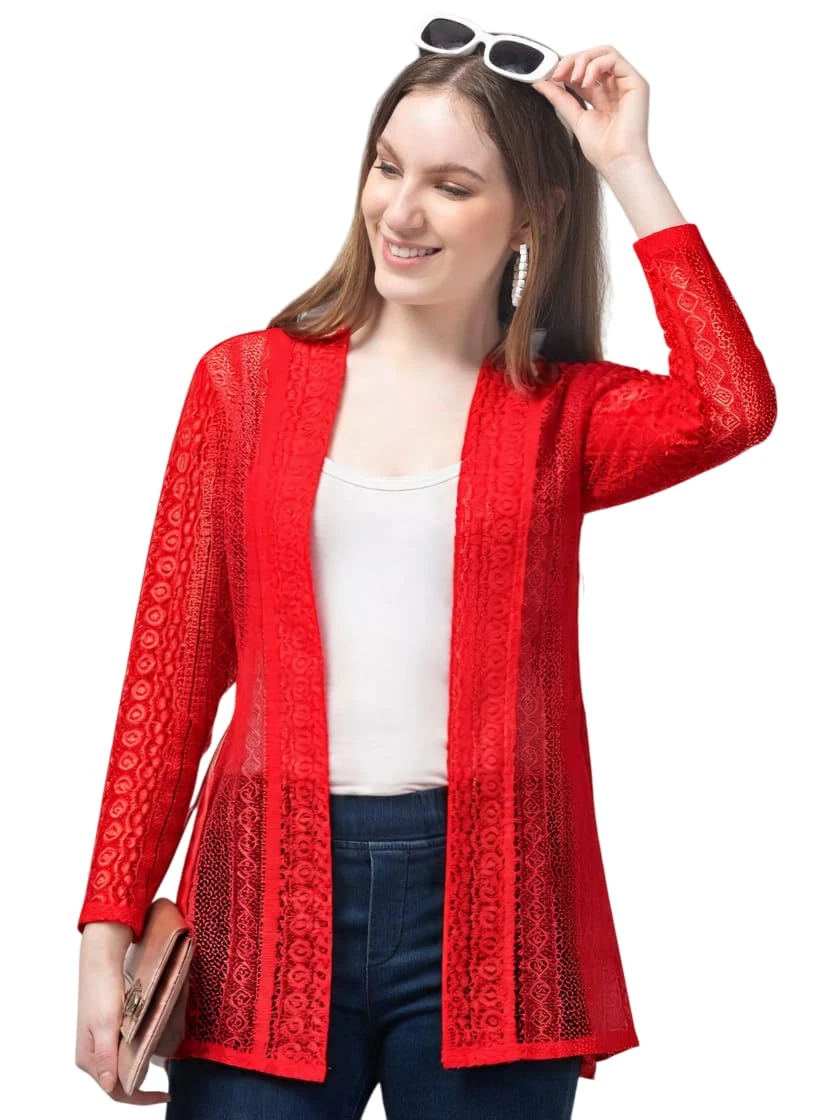 Talitha Fashion Women's Lace Shrug - Long Sleeve Regualar Open Front, Sheer Mesh Cover Summer Wear Full sleeves Jacket Style For Jeans (IN, Alpha, M, Regular, Red)