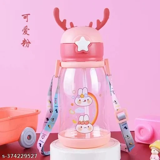 X Pulse 600ml Fancy Cartoon Bpa Free Eco-friendly Kids Plastic Water Bottle With Straw Strap For School (Multicolor)