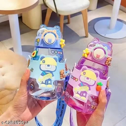 X Pulse BPA Free Plastic Cute Water Bottles for Kids with Soft Silicone Straw, Adjustable Strap and Secure Lock, 600ml (Pack of 1, Multicolor)