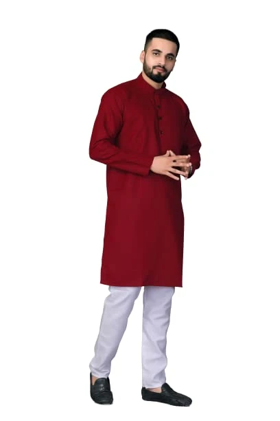 Men’s Cotton Long Kurta - Full Sleeve Mandarin Collar | Casual & Festive Ethnic Wear for Men