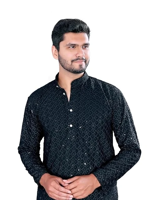 Men's Reyon Sequence Chickenkari Kurta-Ethnic Elegance for Festivals - Comfortable Traditional Kurta for Mens