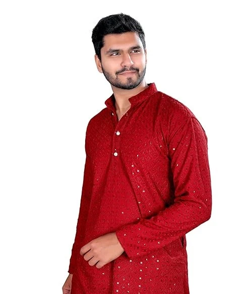 Men's Reyon Sequence Chickenkari Kurta-Ethnic Elegance for Festivals - Comfortable Traditional Kurta for Mens