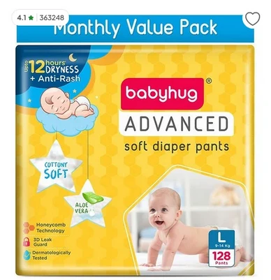 Babyhug Advanced Pant Style Diapers Large (L) Size Monthly Box Pack - 128 Pieces, Honeycomb Technology, Cottony Soft Diaper with 3D Leak Guard, Latex & Alcohol Free, Anti-rash & Gentle