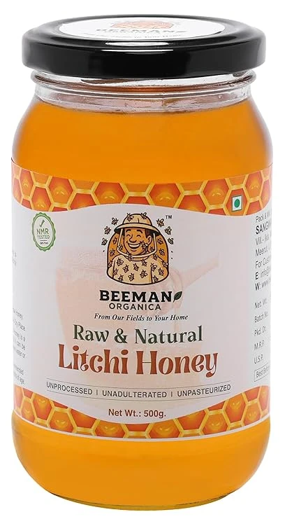 BEEMAN ORGANICA Raw Litchi Honey | NMR Tested (500 grams) | 100% Pure and Natural | Unadulterated | Unprocessed | Ayurvedic | Immunity Booster