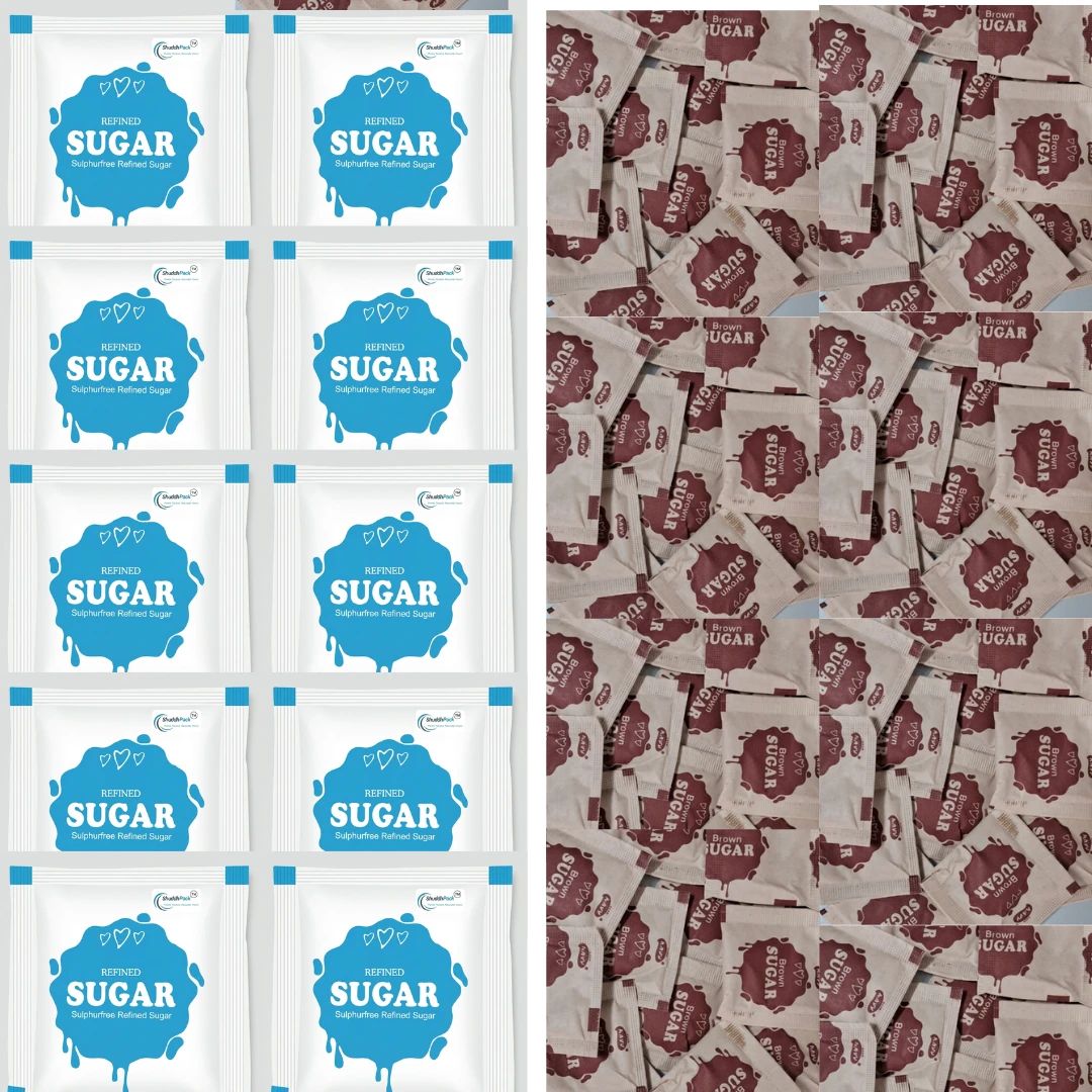 ShuddhPack Sugar Sachets Combo Pack (Brown Sugar + White Sugar) 0.5g Each – 200 Sachets | Single Serve Sugar Packets | Hygienic Disposable Sugar Sachets for Tea, Coffee, Hotels, Cafes, Restaurants, Travel & Catering