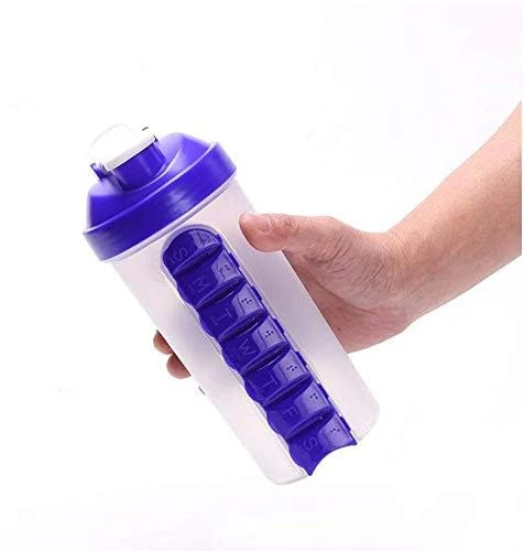 2-in-1 Weekly Pill Box Organizer with Water Bottle- | 7 Day Medicine Storage Protein Shaker Bottle | Candy Color BPA-Free Plastic Travel-Friendly Pill Case with Drinking