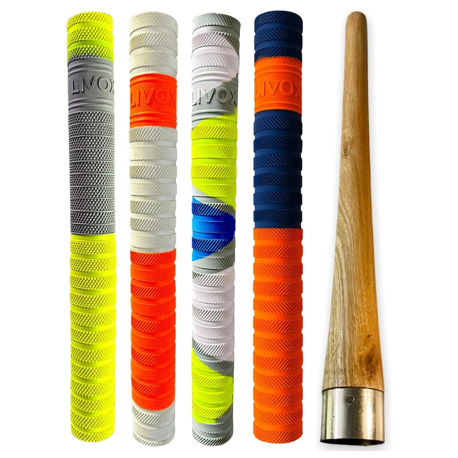 Cricket Bat Handle Rubber Grips Set with Wooden Grip Cone – Pack of 5 (4 Rubber Grips + 1 Wooden Cone, Multi-Design