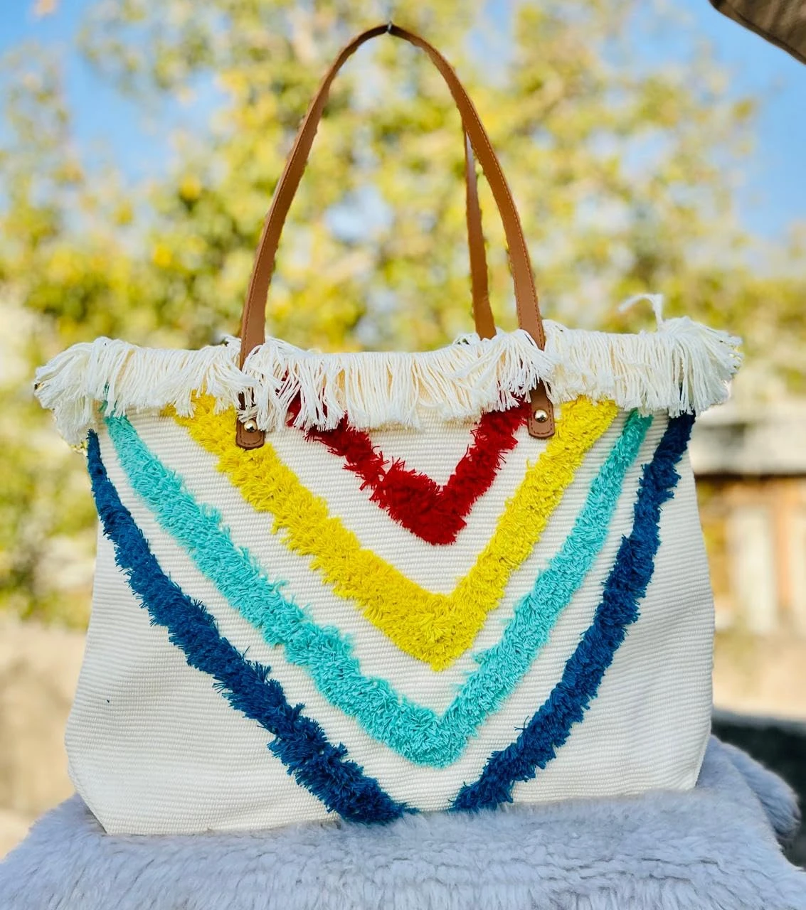 Aditya Creations Woven Tote Bag with Colorful Fringe Stripes, Brown Leather Handles, White Beach Bag Style 02