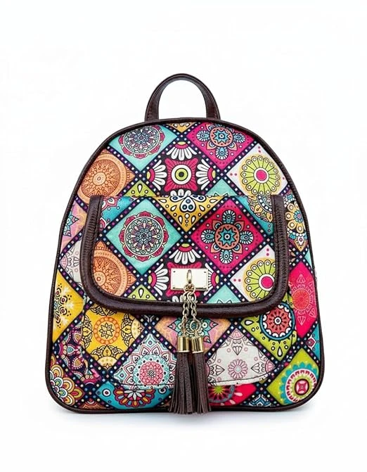 Aditya Creations Colorful Mandala Print Backpack with Tassel, Multi-Color Bohemian Pattern,